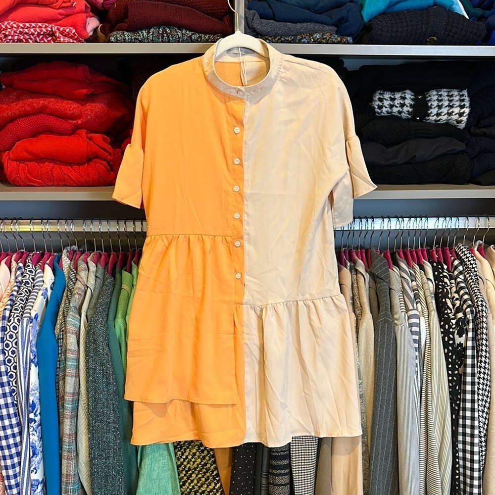 Belongsci orange/tan colorblock short sleeve button down dress size S